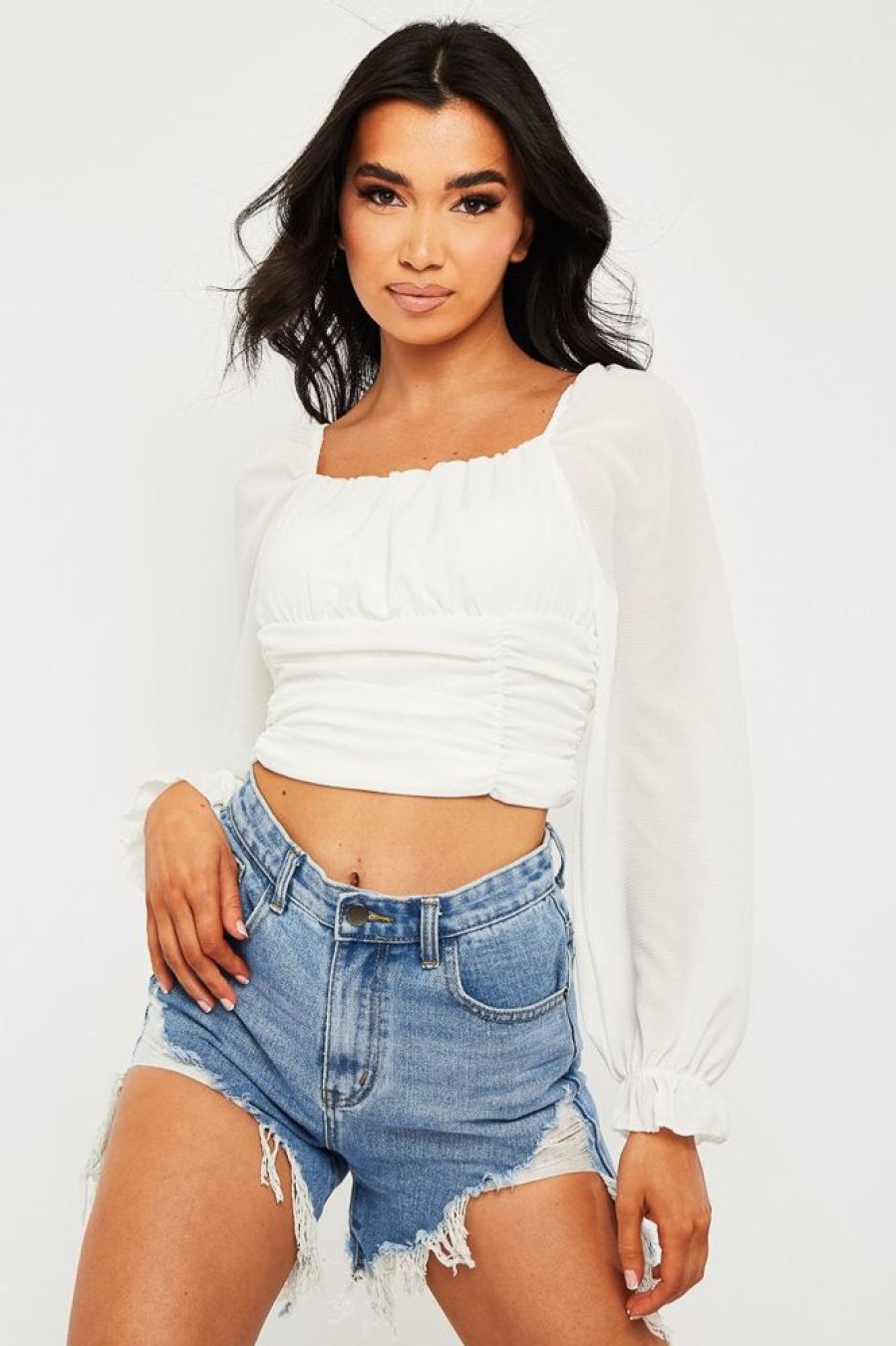 Clothing Rebellious Fashion | White Crepe Ruched Panel Crop Top - Laurie