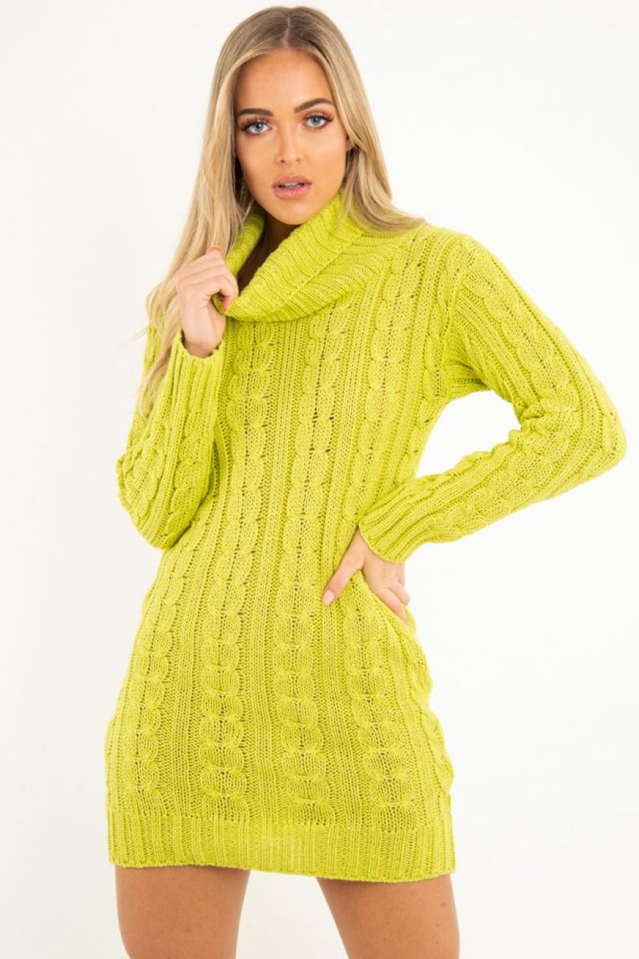 Clothing Rebellious Fashion | Lime Cable Knit Roll Neck Jumper Dress - Matilda