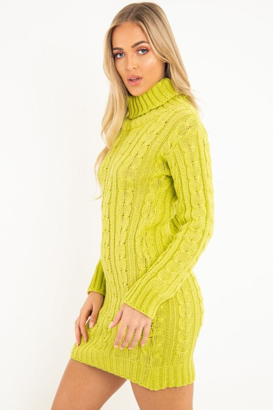 Clothing Rebellious Fashion | Lime Cable Knit Roll Neck Jumper Dress - Matilda