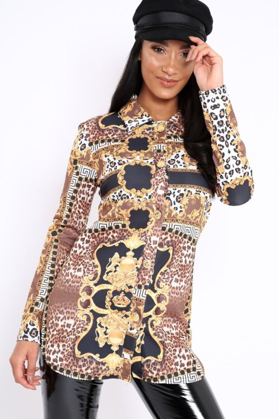 Clothing Rebellious Fashion | Black And Gold Scarf Print Button Front Shirt Dress - Nyanna