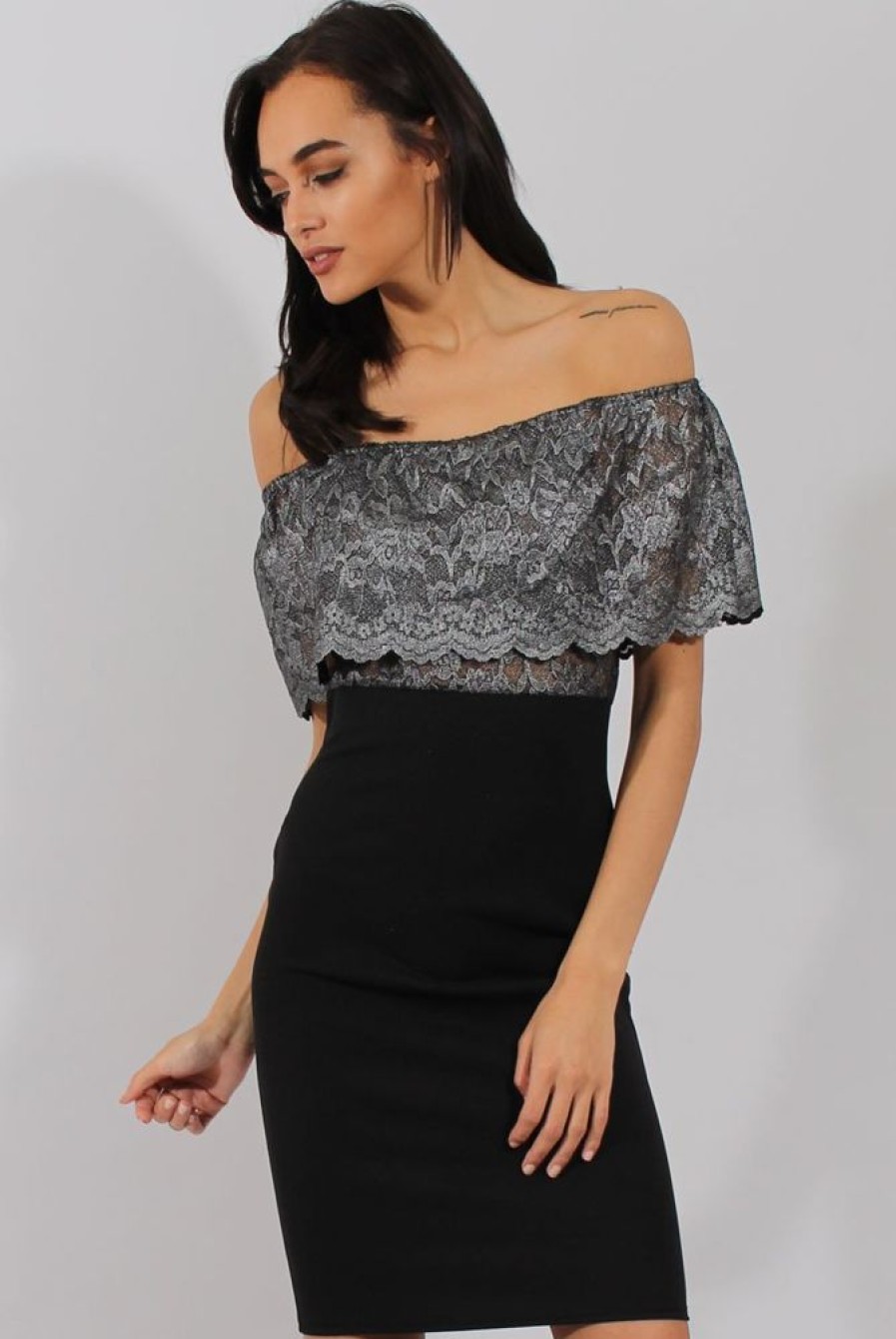 Clothing Rebellious Fashion | Silver And Black Lace Frill Bardot Bodycon Dress - Cora