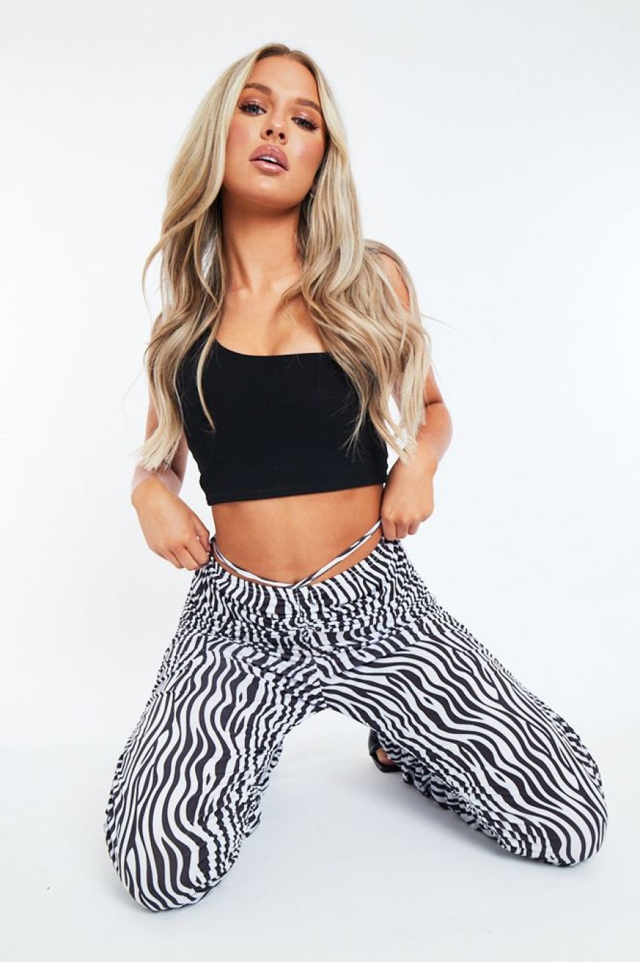 Clothing Rebellious Fashion | Black White Zebra Print Slinky Ruched Leg Trousers - Vanna