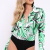 Clothing Rebellious Fashion | Green Geometric Print Plunge Satin Bodysuit - Hetty