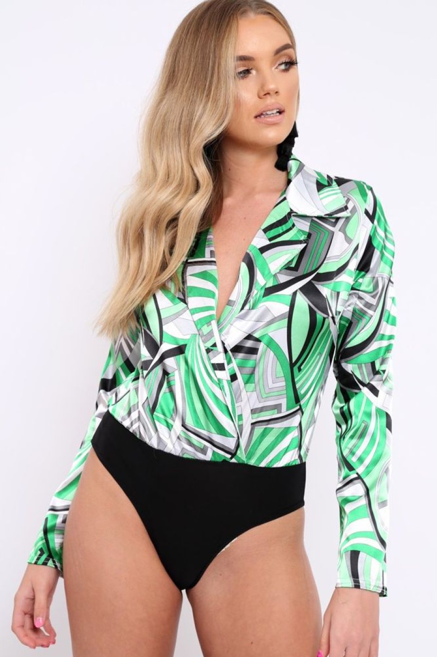 Clothing Rebellious Fashion | Green Geometric Print Plunge Satin Bodysuit - Hetty