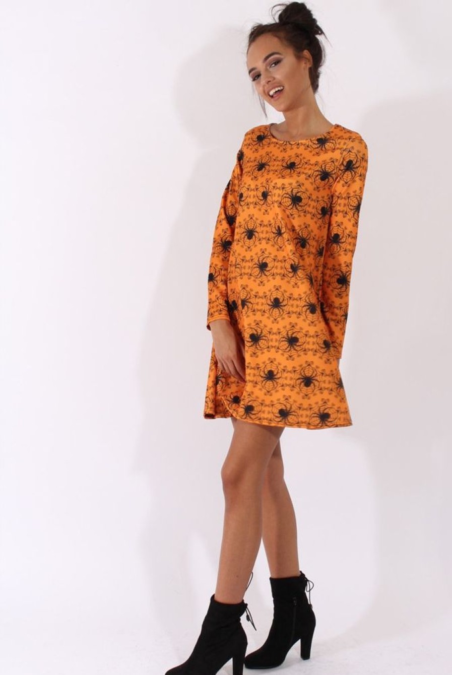 Clothing Rebellious Fashion | Orange Halloween Spider Swing Dress - Charlotte