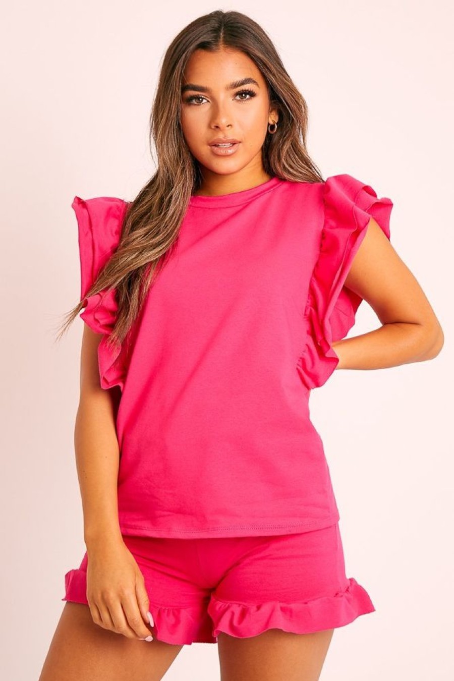 Clothing Rebellious Fashion | Fuchsia Frill Hem T-Shirt Short Loungewear Co-Ord - Daleiza