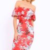 Clothing Rebellious Fashion | Red Floral Frill Bardot Bodycon Midi Dress - Aphra