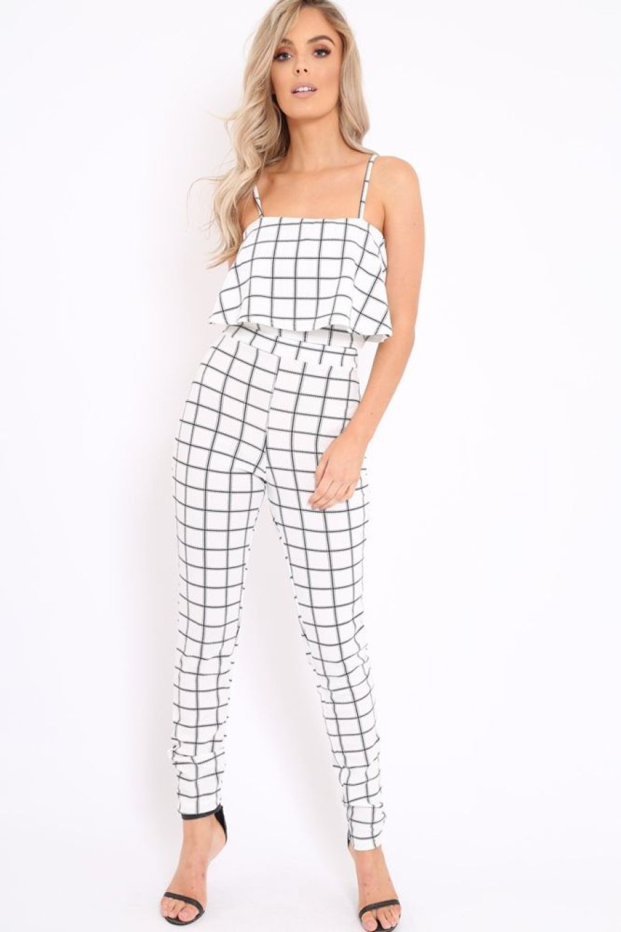 Clothing Rebellious Fashion | White Checked Crop Top And Trousers Co-Ord Set - Linda