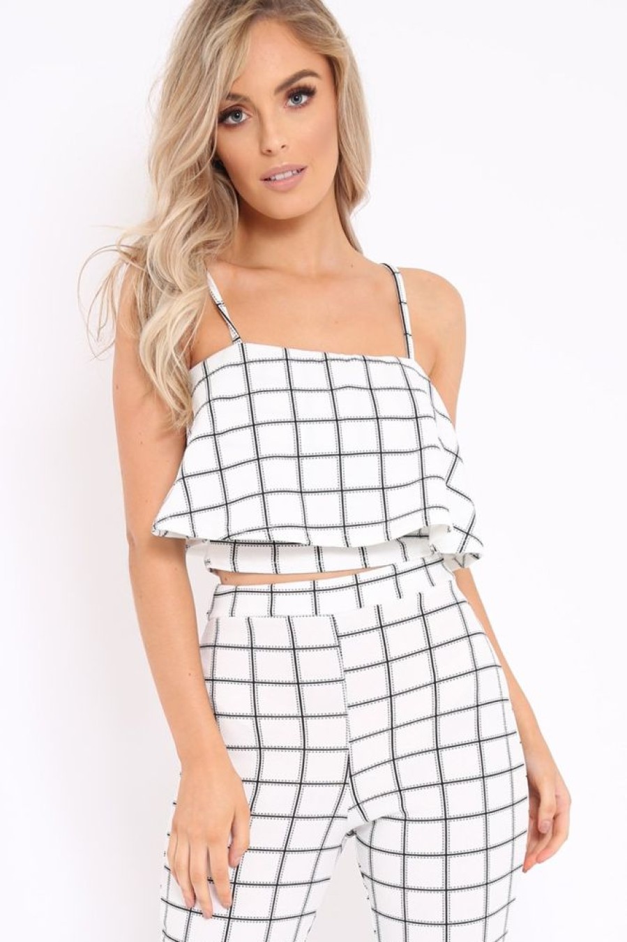 Clothing Rebellious Fashion | White Checked Crop Top And Trousers Co-Ord Set - Linda