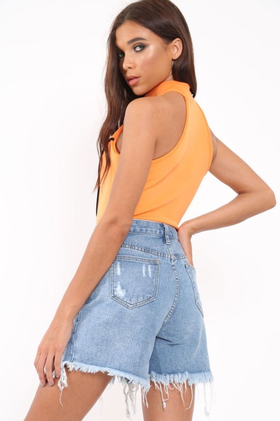 Clothing Rebellious Fashion | Orange Contrast Zip Front Bodysuit - Odine