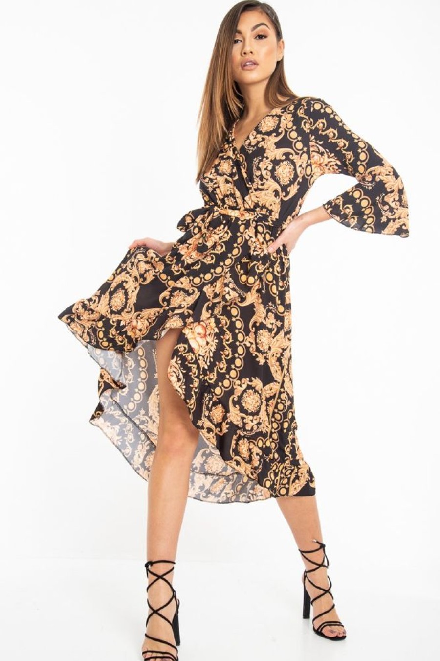 Clothing Rebellious Fashion | Black Scarf Print Wrap Jersey Dress - Mysha