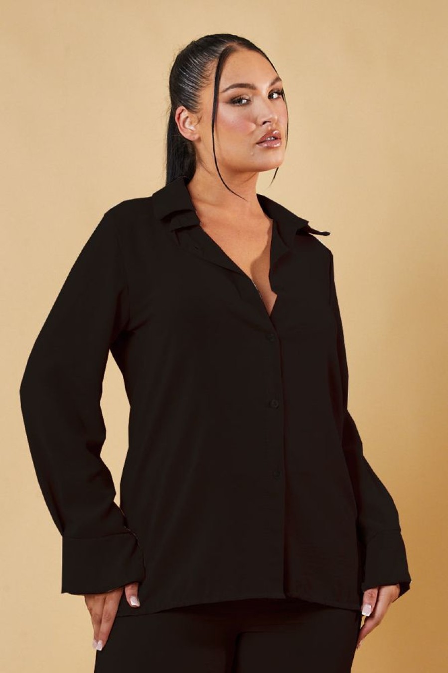 Clothing Rebellious Fashion | Black Button Up Front Shirt & Wide Leg Trouser Co-Ord - Alicia