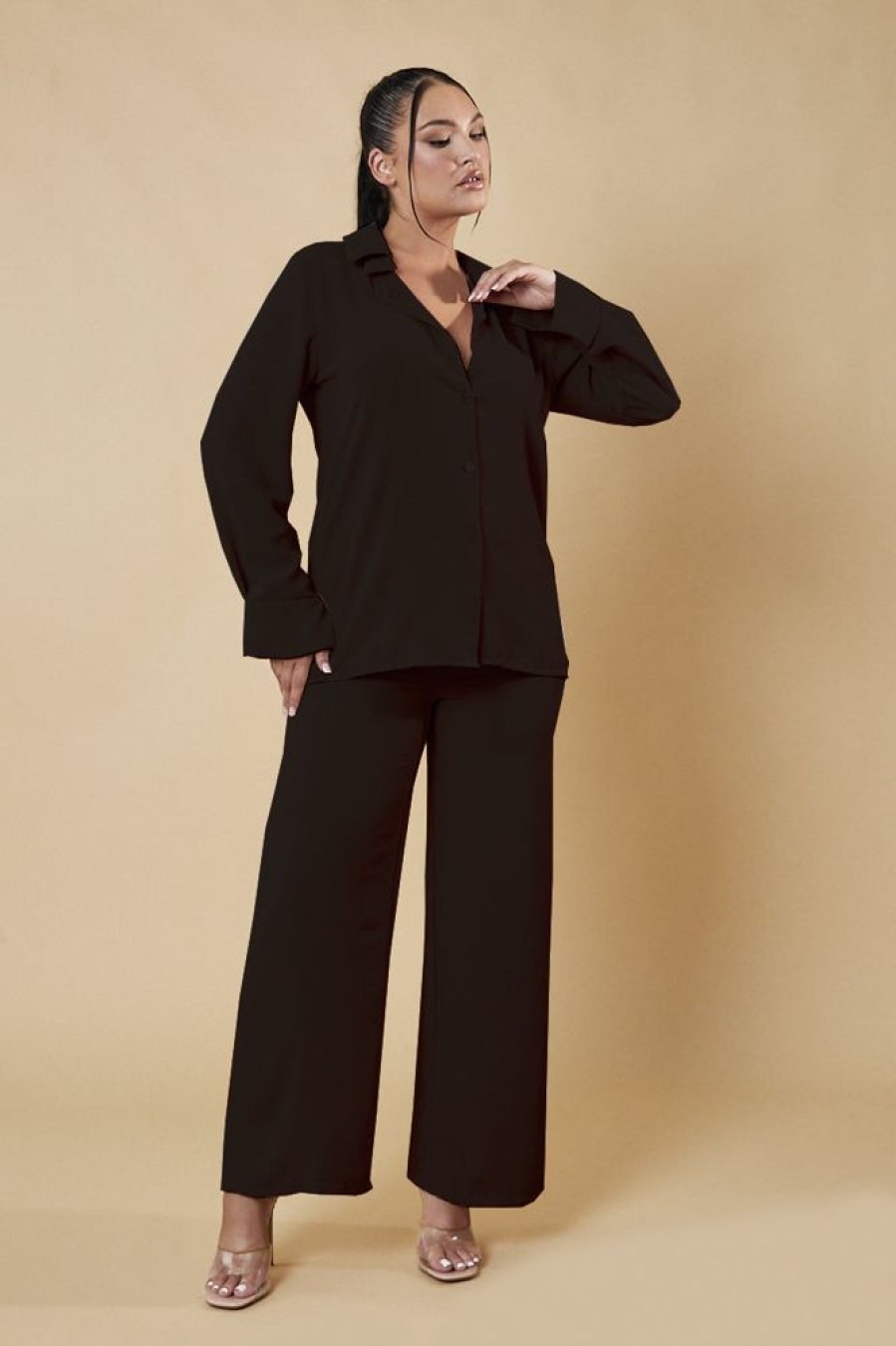 Clothing Rebellious Fashion | Black Button Up Front Shirt & Wide Leg Trouser Co-Ord - Alicia