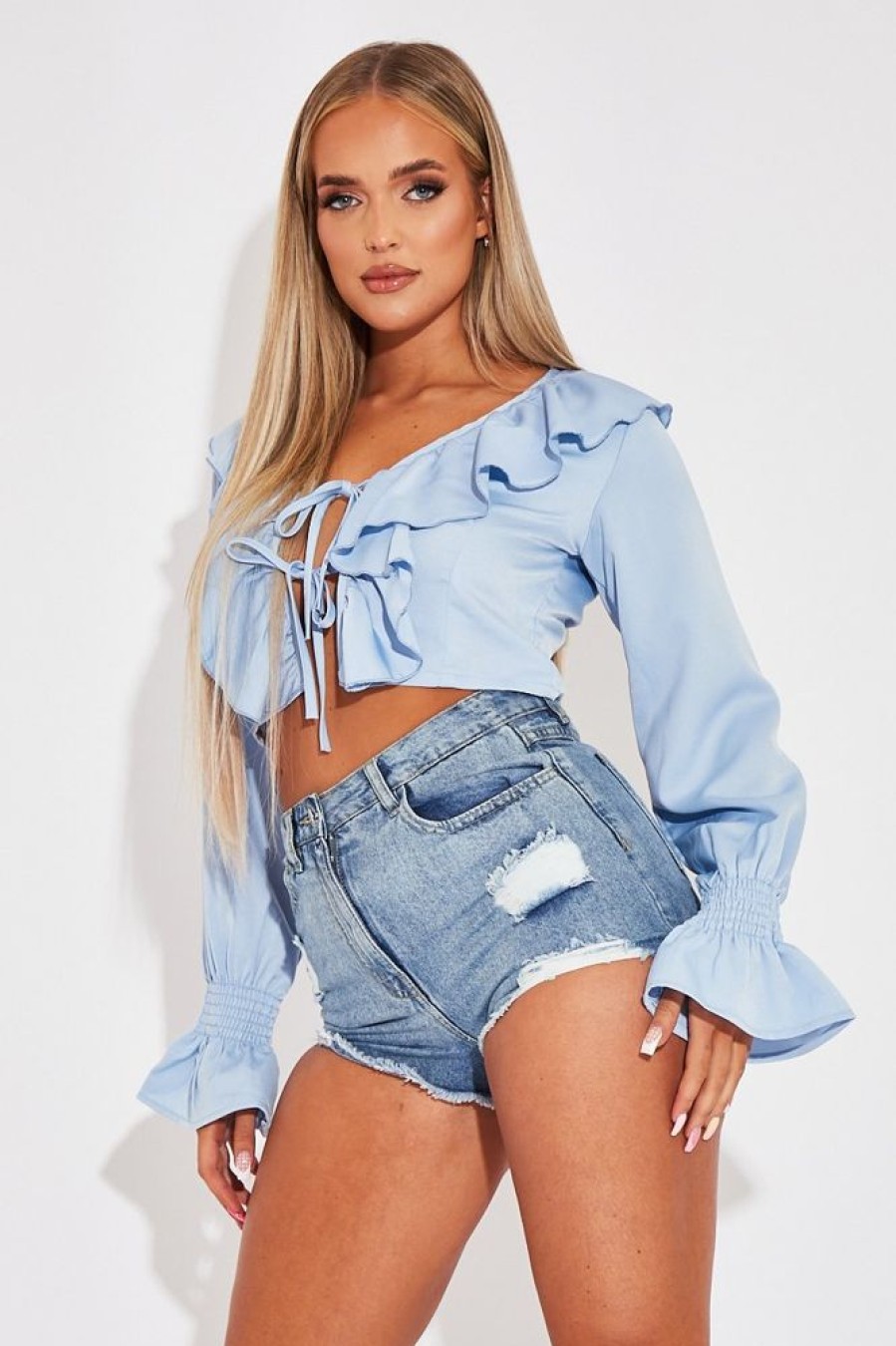 Clothing Rebellious Fashion | Blue Ruffle Tie Fastening Top - Brionna