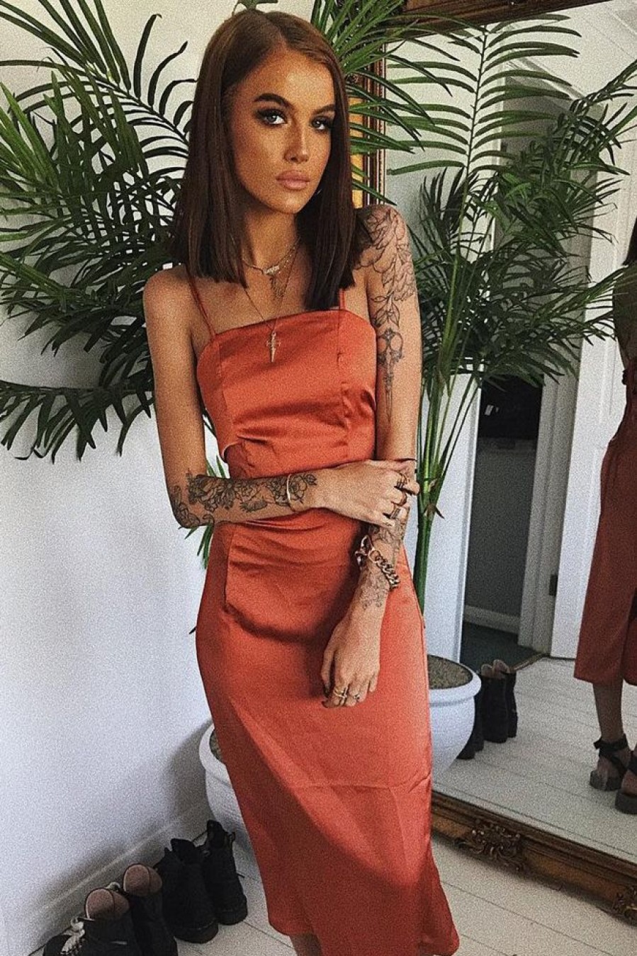 Clothing Rebellious Fashion | Rust Satin Straight Neck Tie Up Midi Dress - Irina