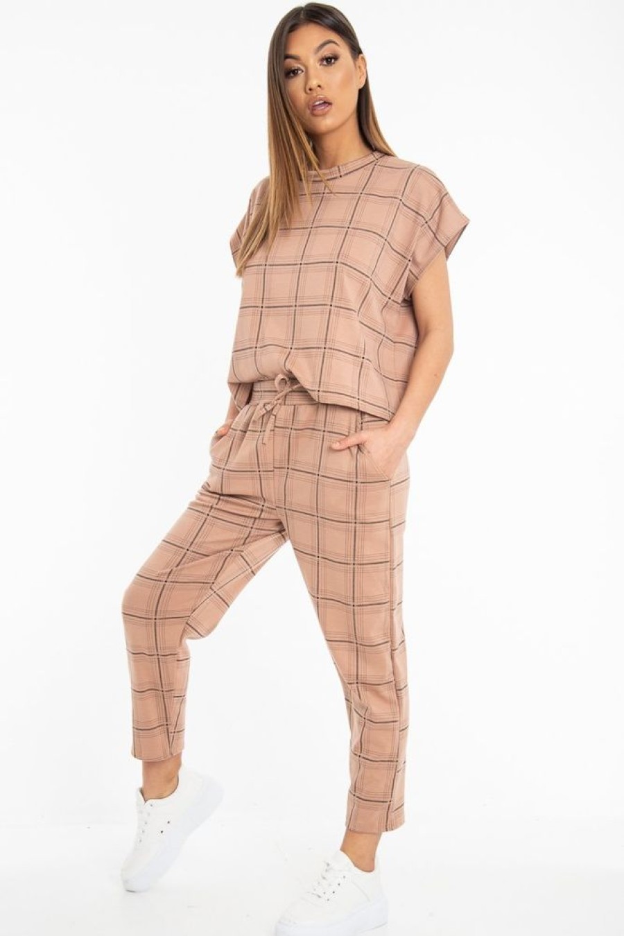 Clothing Rebellious Fashion | Beige Check Short Sleeve Top And Jogger Set - Aimy