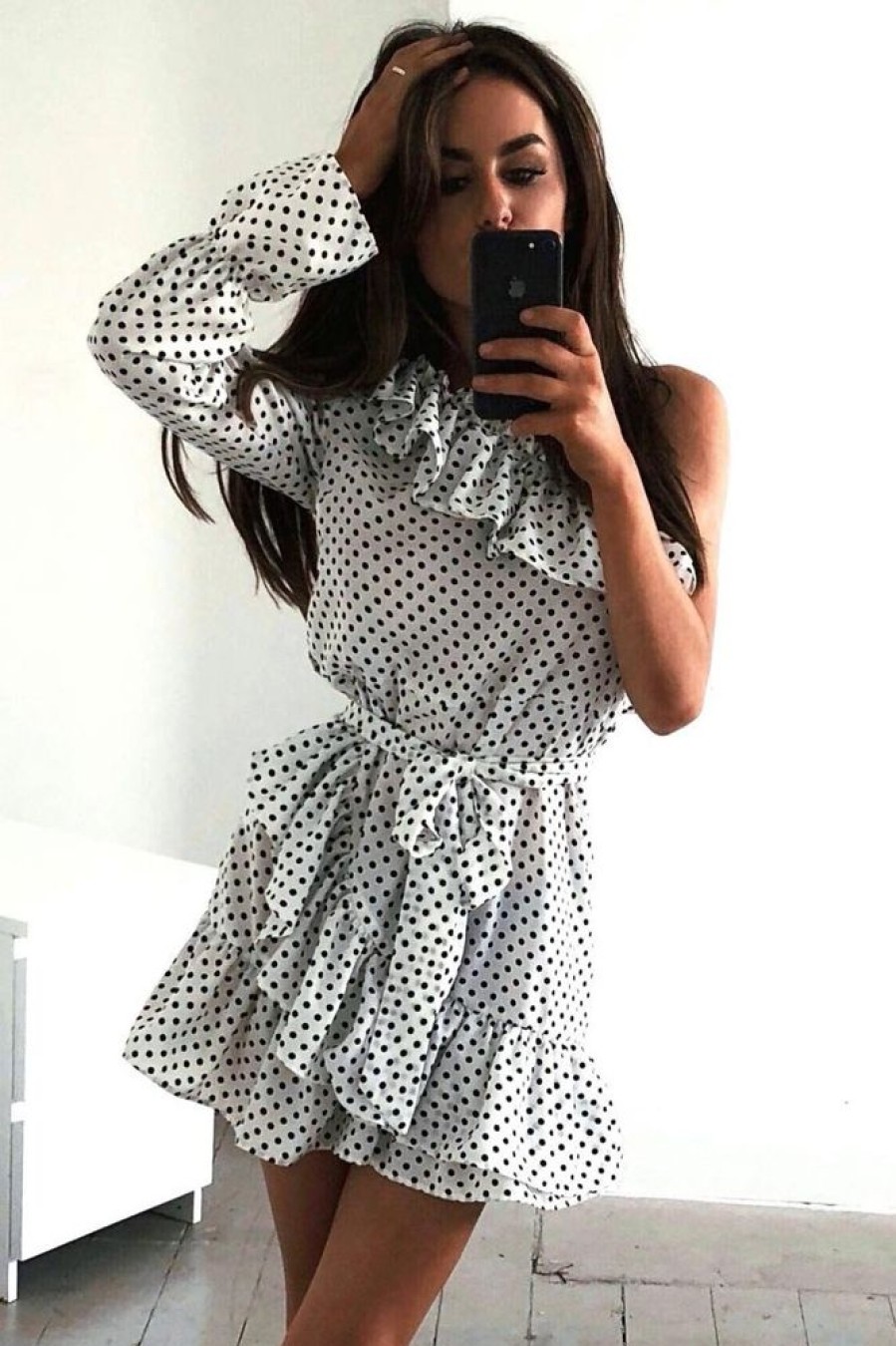 Clothing Rebellious Fashion | White And Black Polka Dot One Shoulder Frill Dress - Zyann