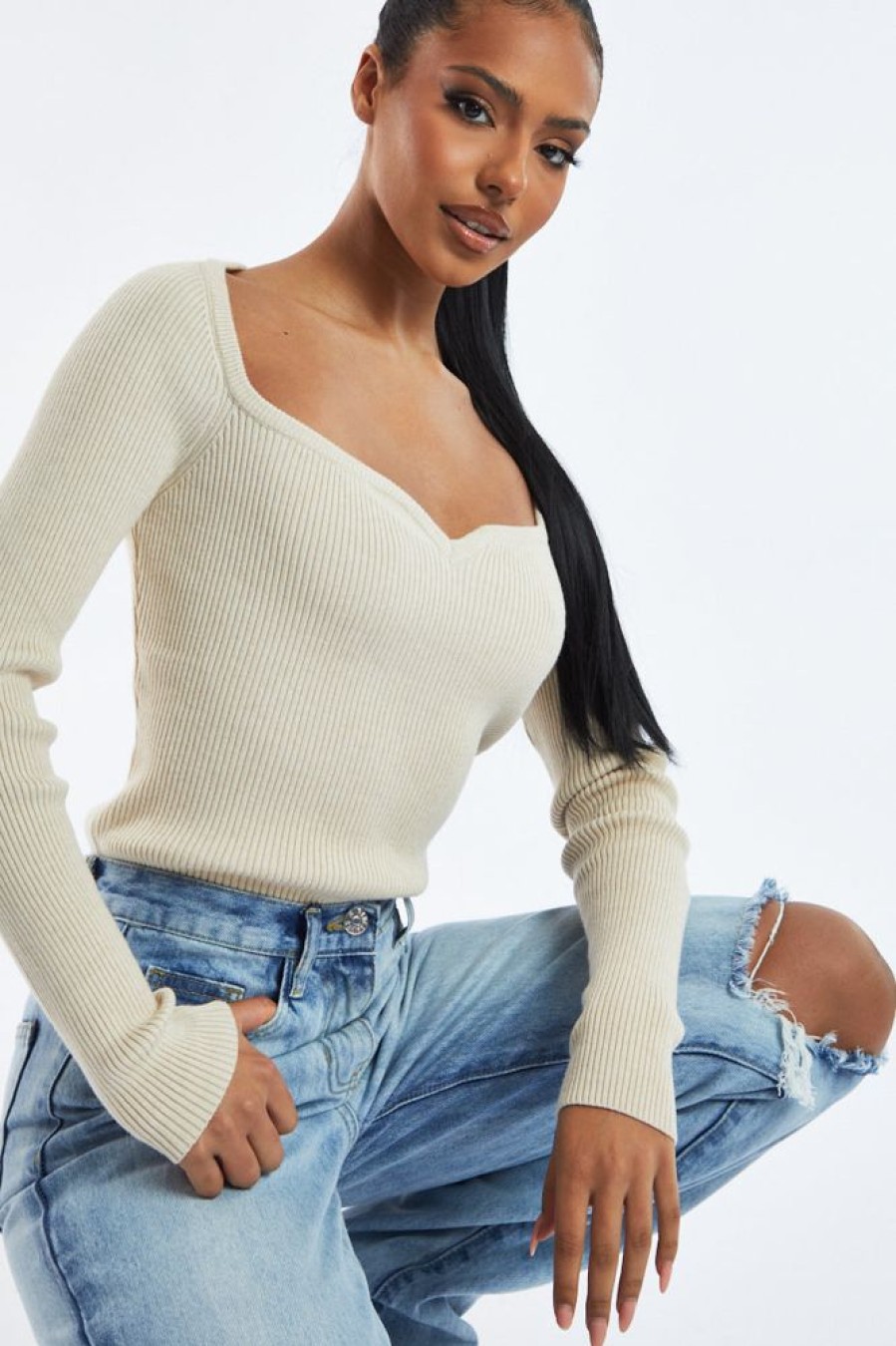 Clothing Rebellious Fashion | Beige Rib Knit Long Sleeve Top - Gianna