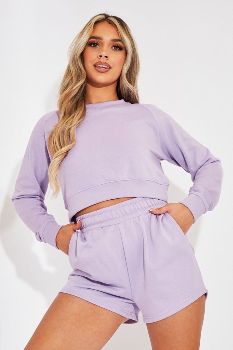 Clothing Rebellious Fashion | Lilac Cropped Sweatshirt + Shorts Lounge Co-Ord - Timara