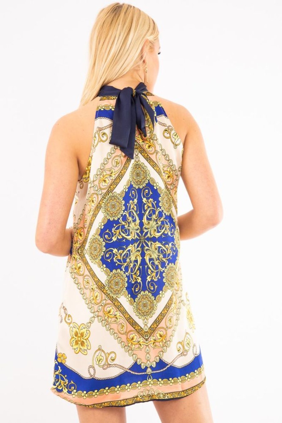 Clothing Rebellious Fashion | Blue Scarf Print Sleeveless Tie Back Swing Dress - Jessey