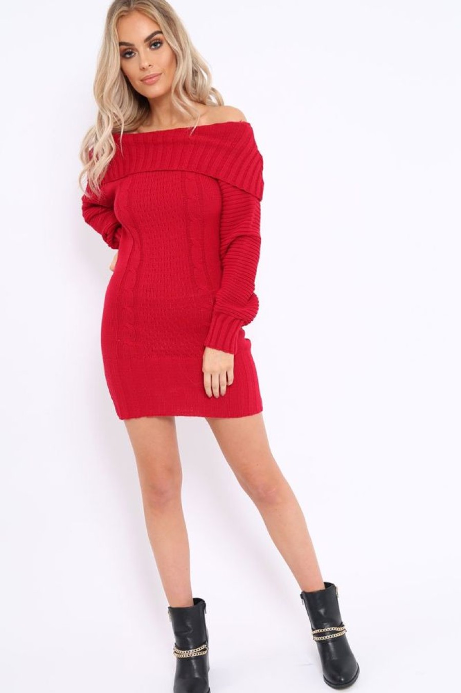 Clothing Rebellious Fashion | Red Bardot Chunky Knit Jumper Dress - Kaidyn