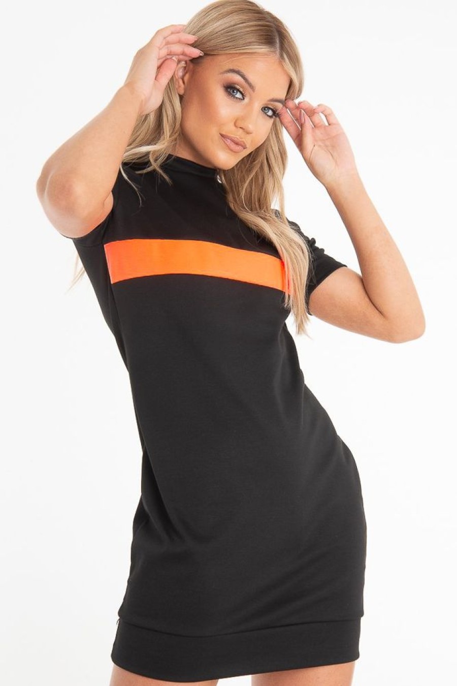 Clothing Rebellious Fashion | Black Neon Orange Stripe Detail T-Shirt Dress - Crystal