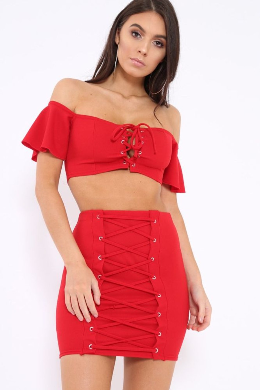 Clothing Rebellious Fashion | Red Lace Up Crop Top And Skirt Co-Ord - Pixie