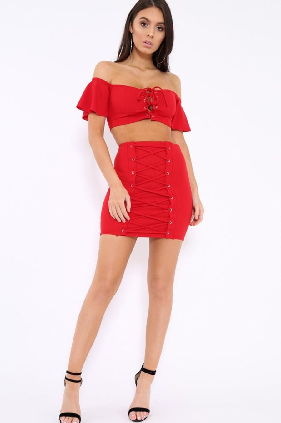 Clothing Rebellious Fashion | Red Lace Up Crop Top And Skirt Co-Ord - Pixie