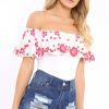 Clothing Rebellious Fashion | White Floral Print Bardot Frill Bodysuit - Klaudia