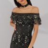 Clothing Rebellious Fashion | Black And Gold Lace Frill Bardot Choker Dress - Jolie