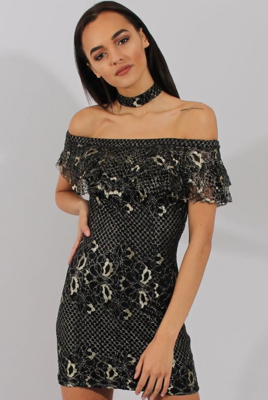 Clothing Rebellious Fashion | Black And Gold Lace Frill Bardot Choker Dress - Jolie