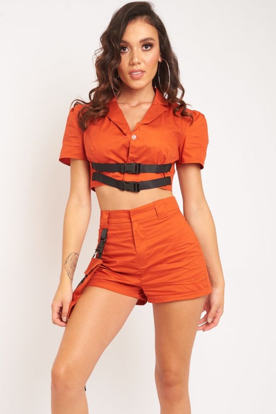 Clothing Rebellious Fashion | Rust Utility Cargo Short And Buckle Crop Shirt Co-Ord - Saisha