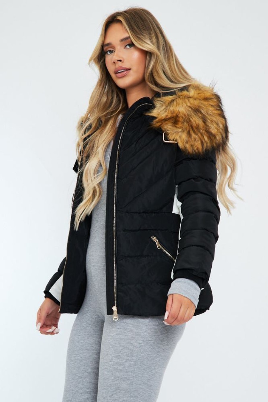 Clothing Rebellious Fashion | Black Fur Hood Contrast Panel Puffer Jacket - Marloe