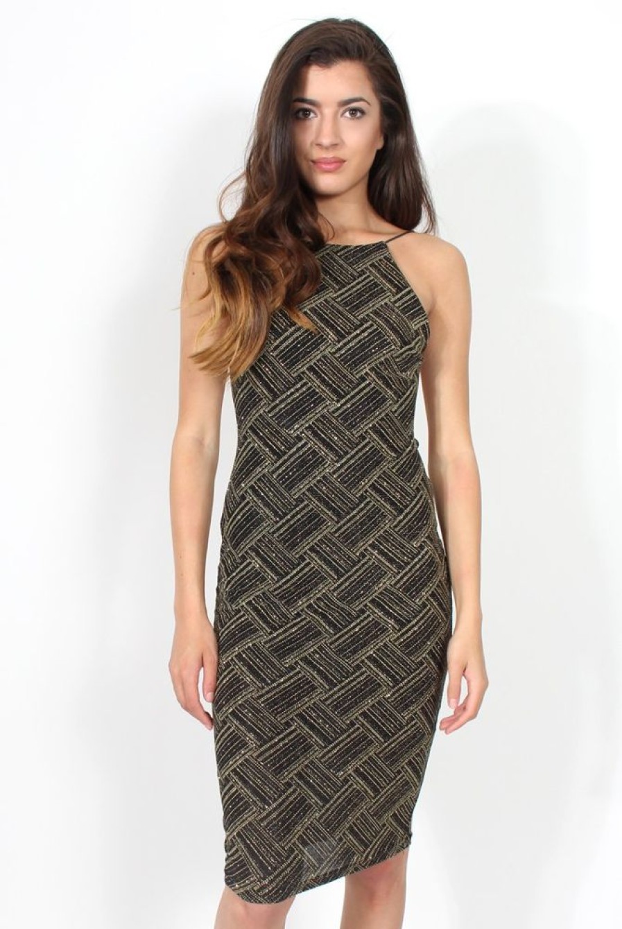 Clothing Rebellious Fashion | Caitlin Black & Gold Backless Bodycon Midi Dress