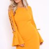 Clothing Rebellious Fashion | Mustard Bell Sleeved Dress With Lace Up Detail - Faith