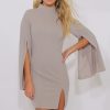 Clothing Rebellious Fashion | Grey High Neck Split Sleeves Bodycon Dress - Lumi