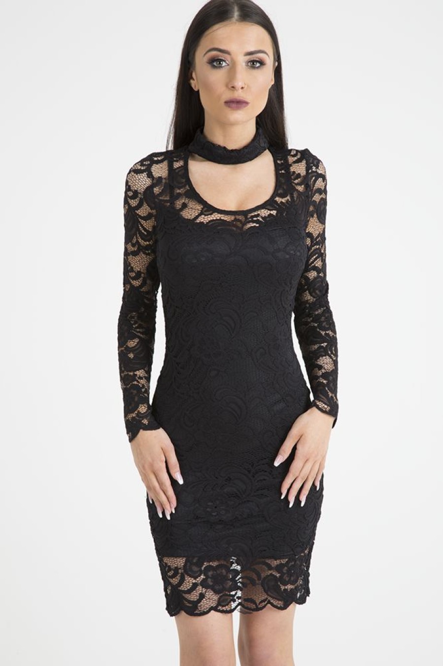 Clothing Rebellious Fashion | Black Lace High Neck Cut Out Dress - Bailey