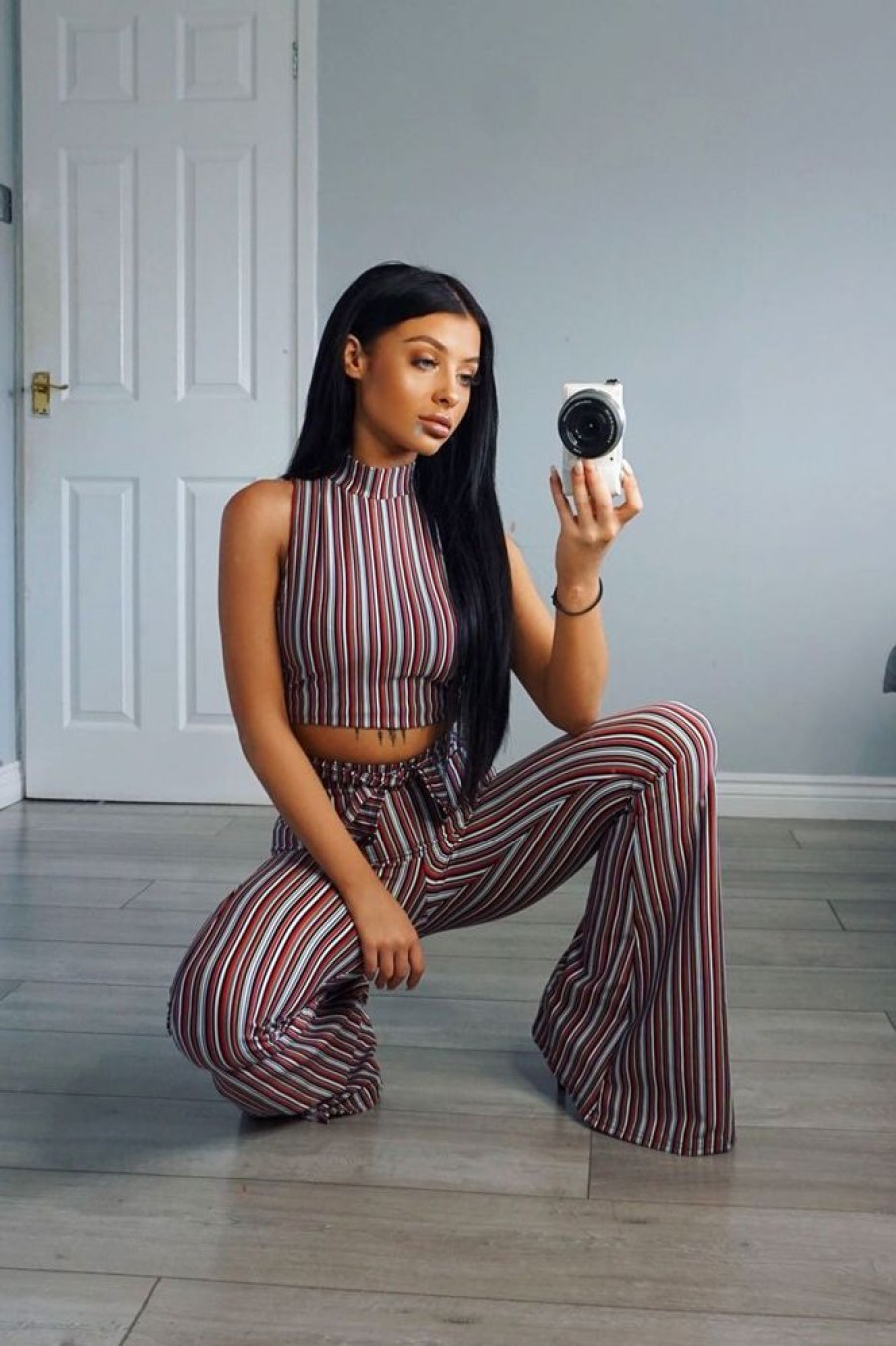 Clothing Rebellious Fashion | Wine And Black Striped Crop And Trousers Co-Ord - Chrisley