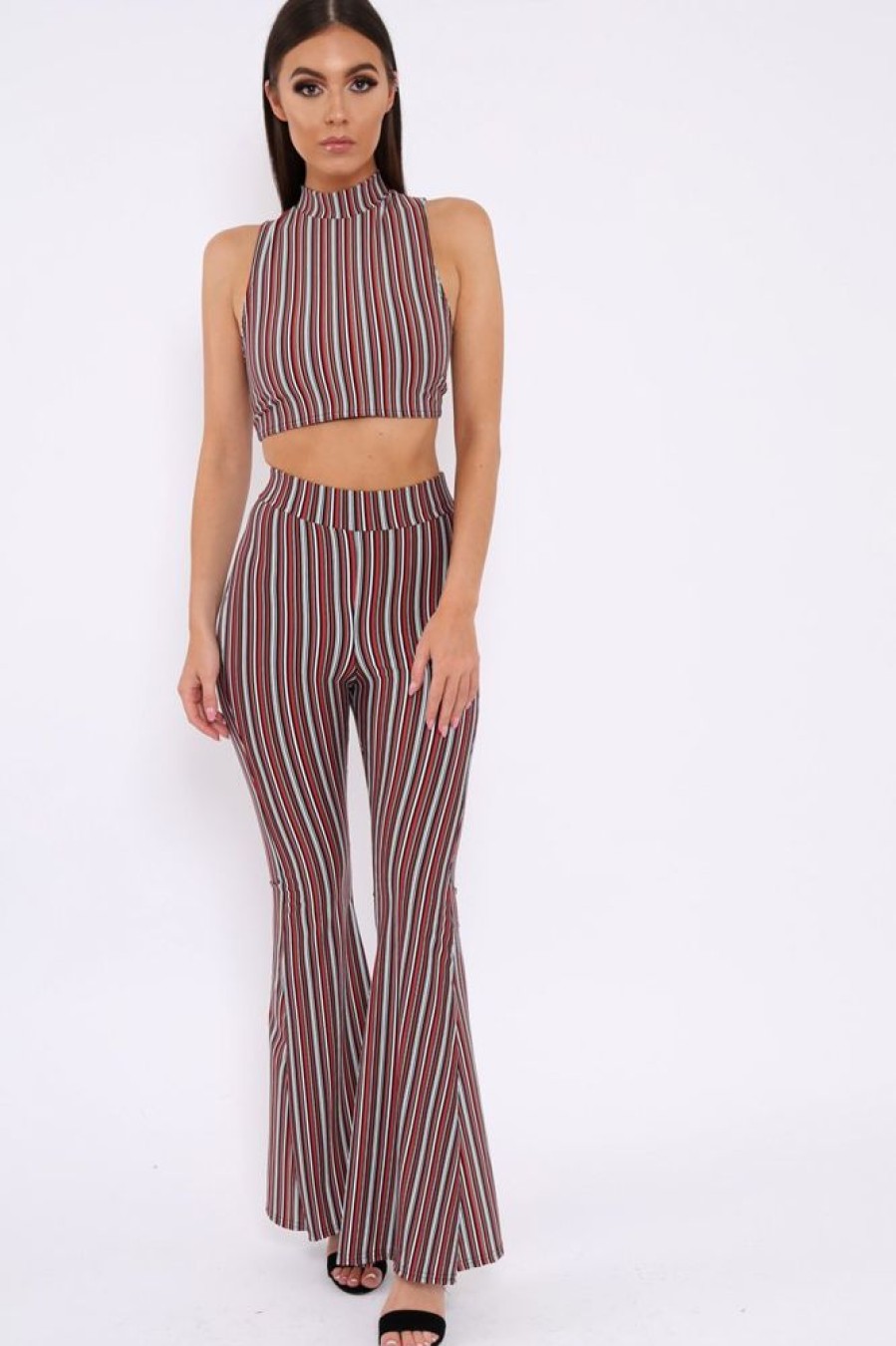 Clothing Rebellious Fashion | Wine And Black Striped Crop And Trousers Co-Ord - Chrisley