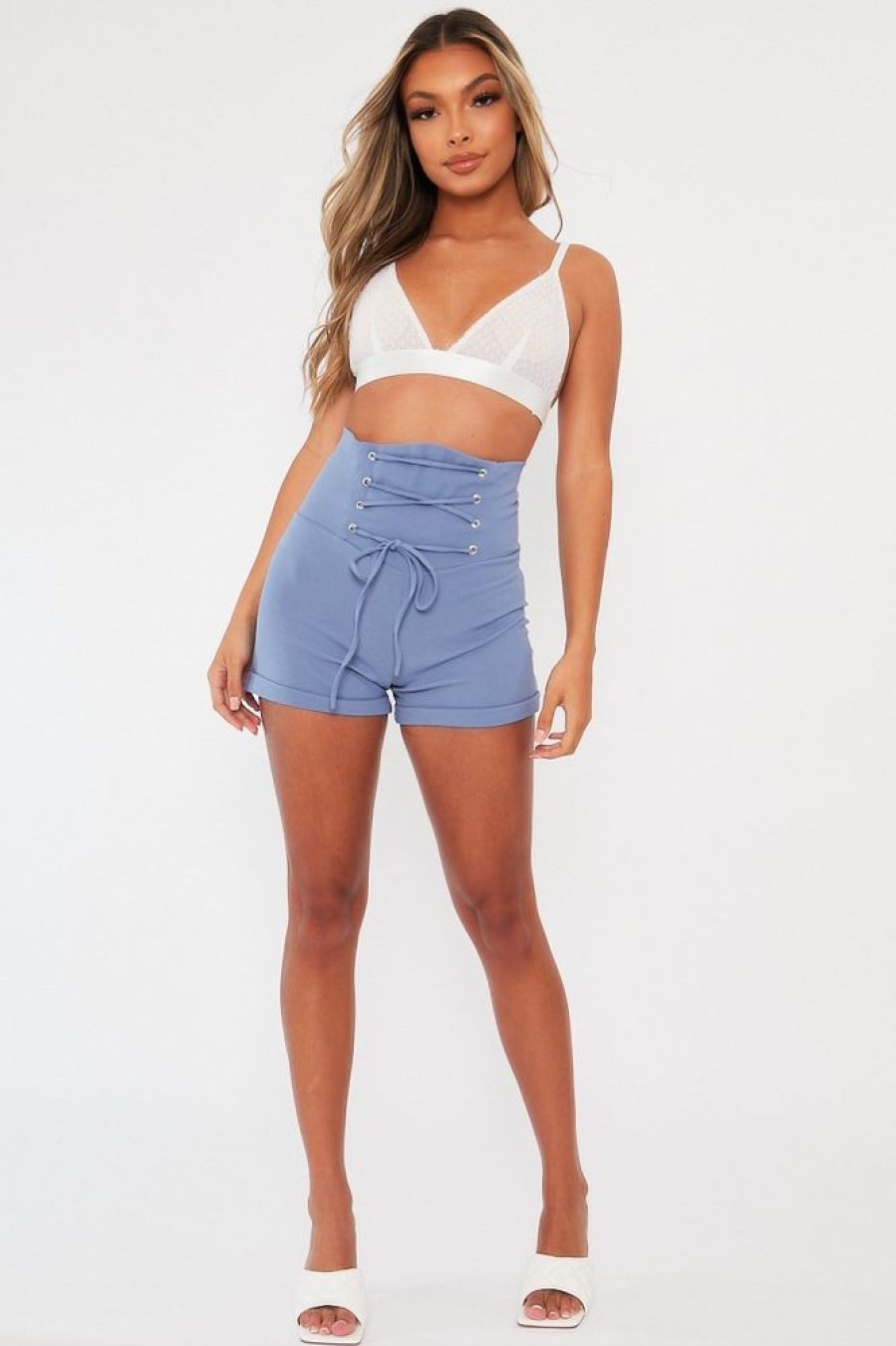 Clothing Rebellious Fashion | Blue Lace Up High Waisted Tailored Shorts - Darcia