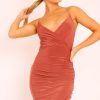 Clothing Rebellious Fashion | Rust Plunge Wrap Front Slinky Mini Dress - Cressie