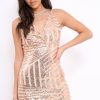 Clothing Rebellious Fashion | Rose Gold Sequin Cross Strap Mini Dress - Krystal