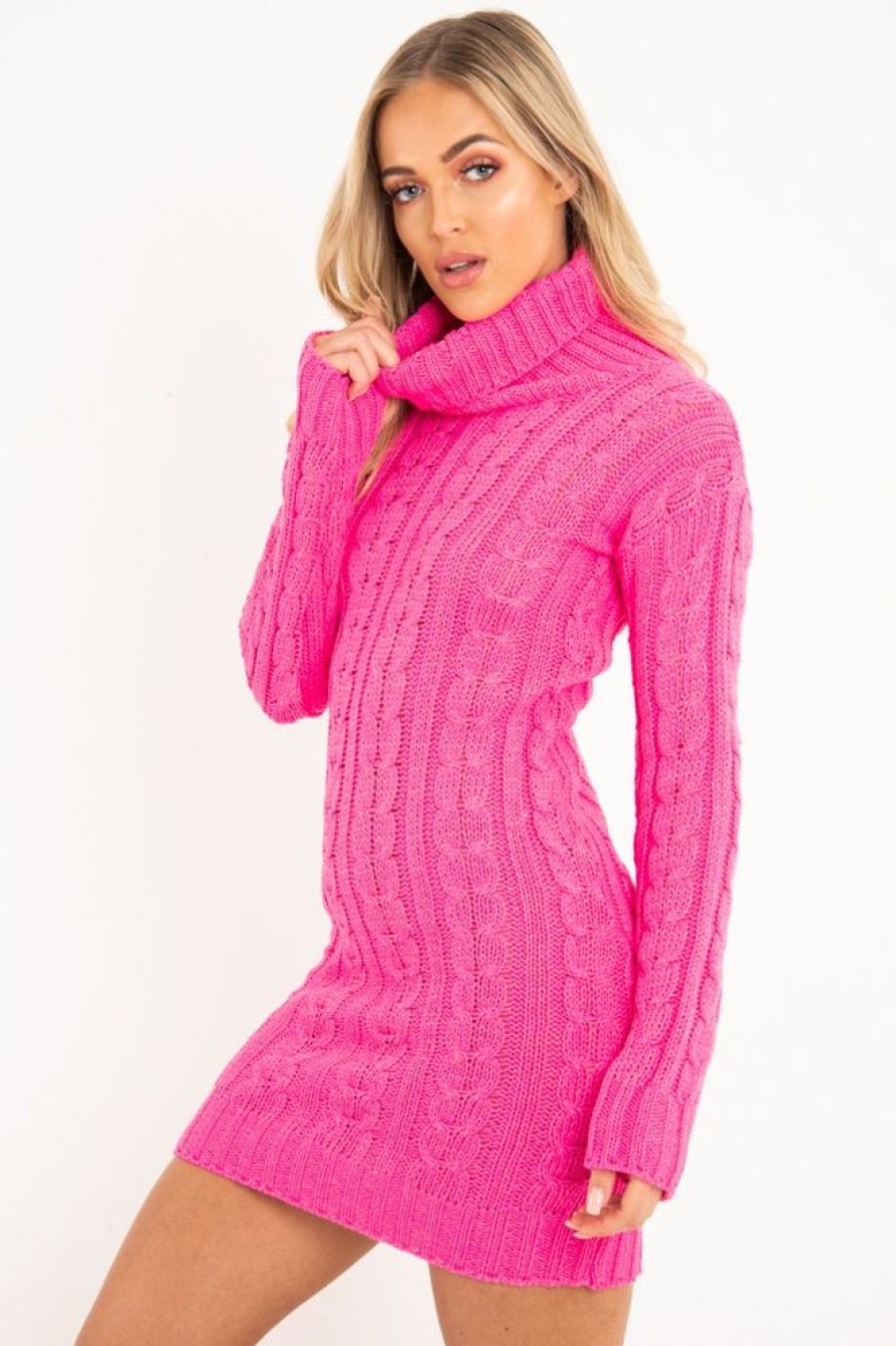 Clothing Rebellious Fashion | Fuchsia Cable Knit Roll Neck Jumper Dress - Matilda