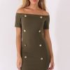 Clothing Rebellious Fashion | Khaki Bardot Bodycon Button Detail Dress - Wallis