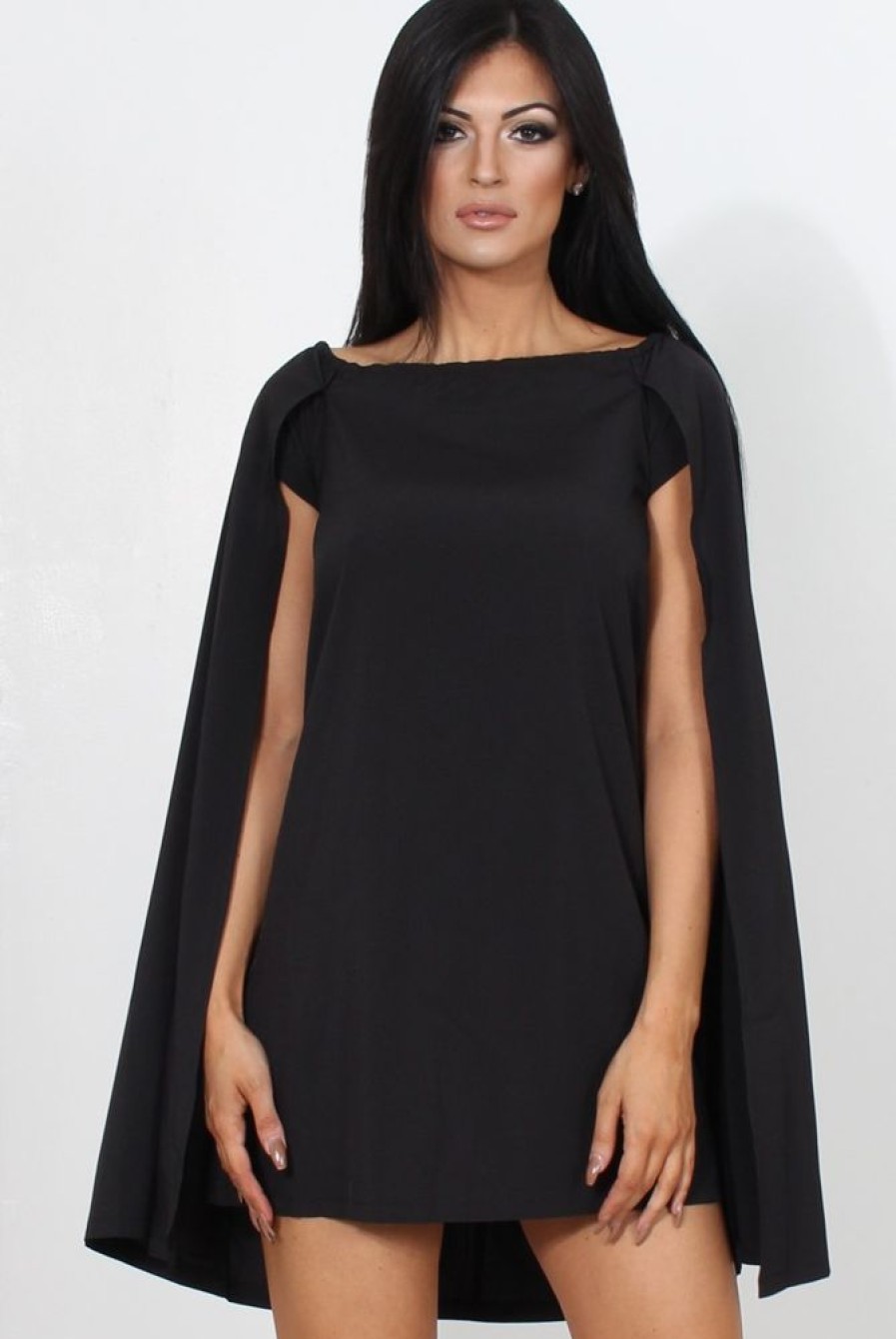 Clothing Rebellious Fashion | Black Off The Shoulder Cape Dress-Verity