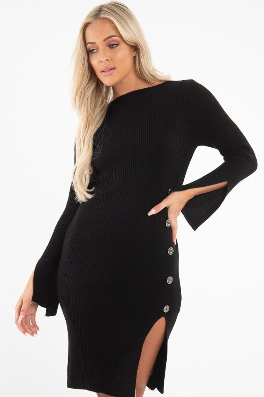 Clothing Rebellious Fashion | Black Slash Neck Button Rib Knit Midi Dress - Haydee