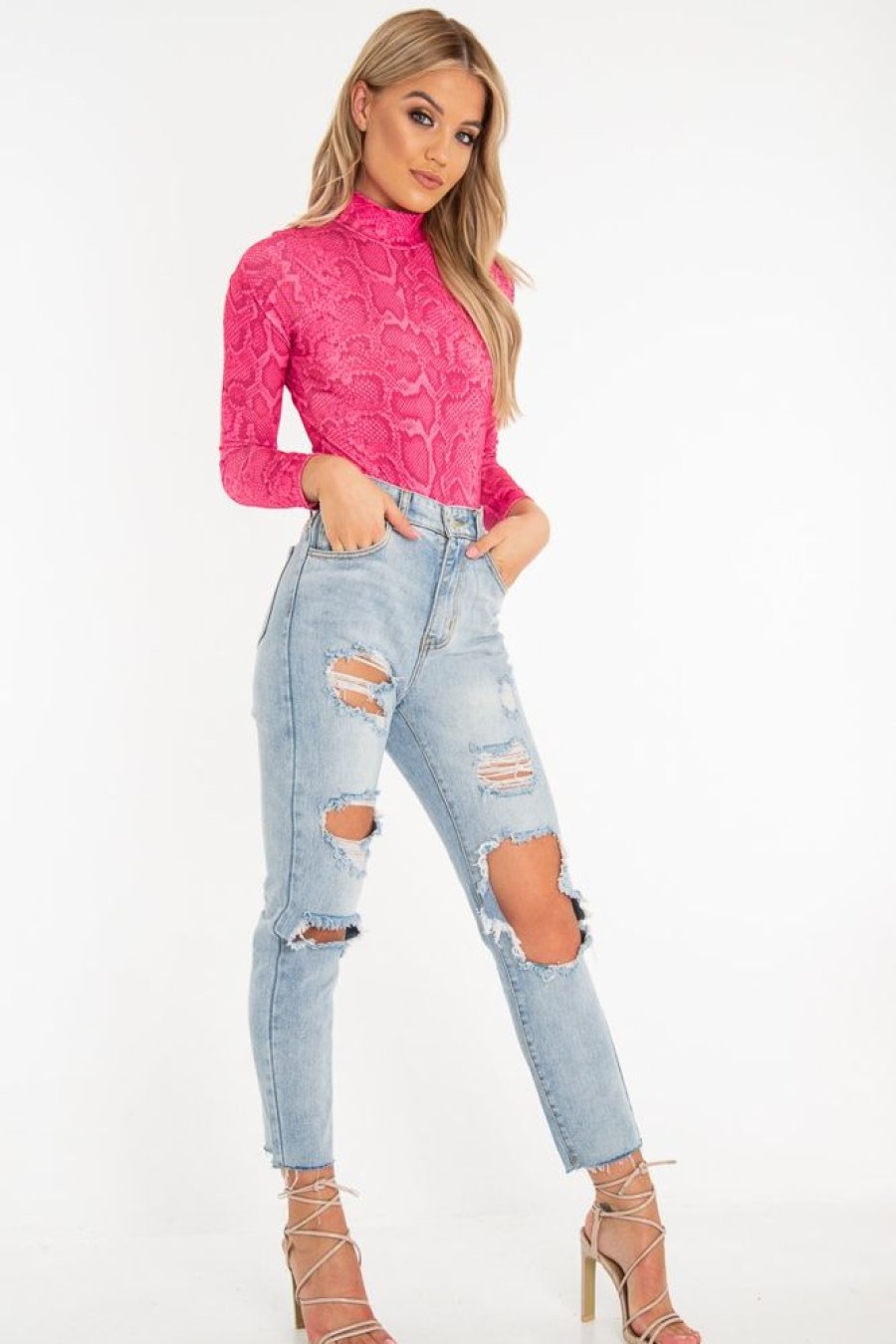 Clothing Rebellious Fashion | Pink Snake Print High Neck Long Sleeve Bodysuit - Evanna