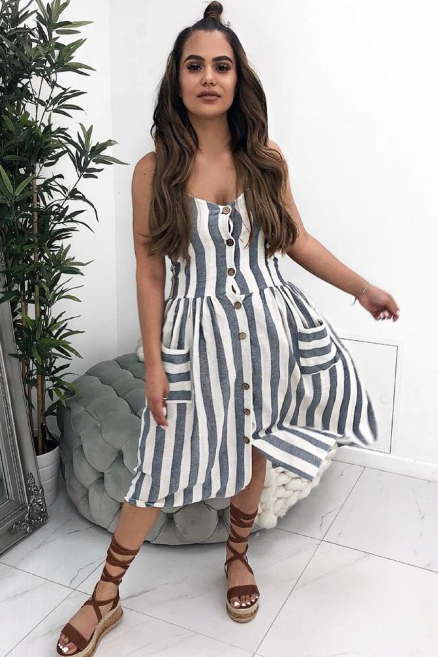 Clothing Rebellious Fashion | Blue And White Stripe Button Up Dress - Lilyanne