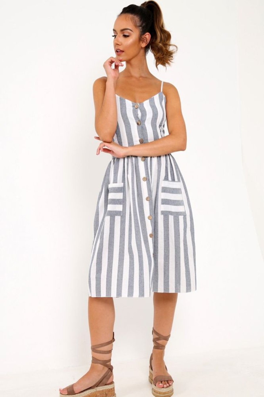 Clothing Rebellious Fashion | Blue And White Stripe Button Up Dress - Lilyanne