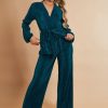 Clothing Rebellious Fashion | Green Plisse Warp Front Top & Wide Leg Trouser Set - Ocean